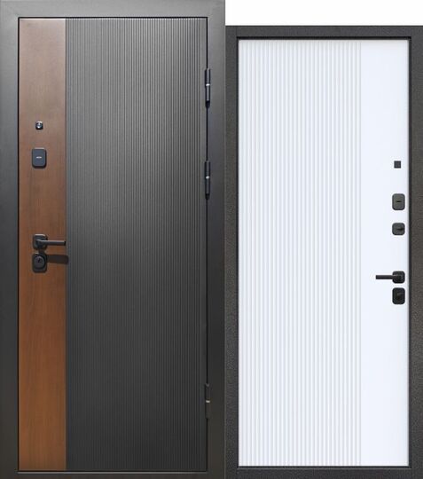 Дверь входная металлическая Е-Трейд 9 см Вертикаль Грецкий орех / Муар черный - Белый