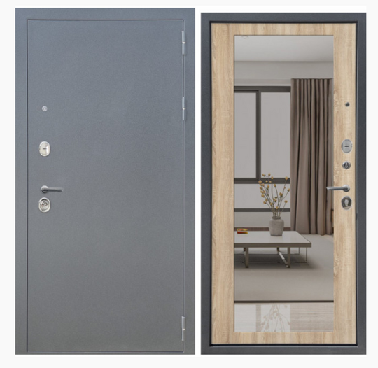 Дверь входная металлическая FlyDoors Аркан Зеркало Букле графит- Дуб Сонома