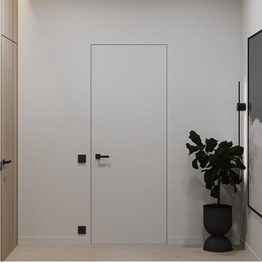 Межкомнатная дверь VELLDORIS INVISIBLE скрытого монтажа (с притвором), правое открывание, кромка черная алюм.